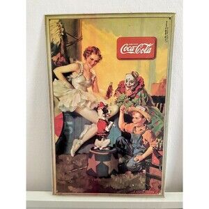 VTG 90s Coca-Cola Tin Sign Circus Clown Ballerina Boy Dog Metal Wall Art 13 Inch